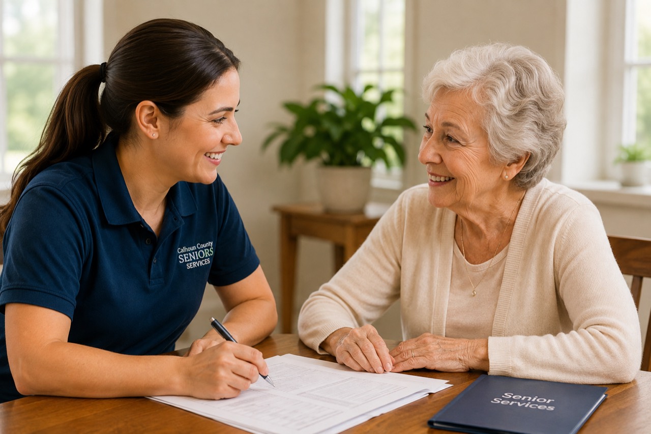 Senior services staff member assisting an older woman