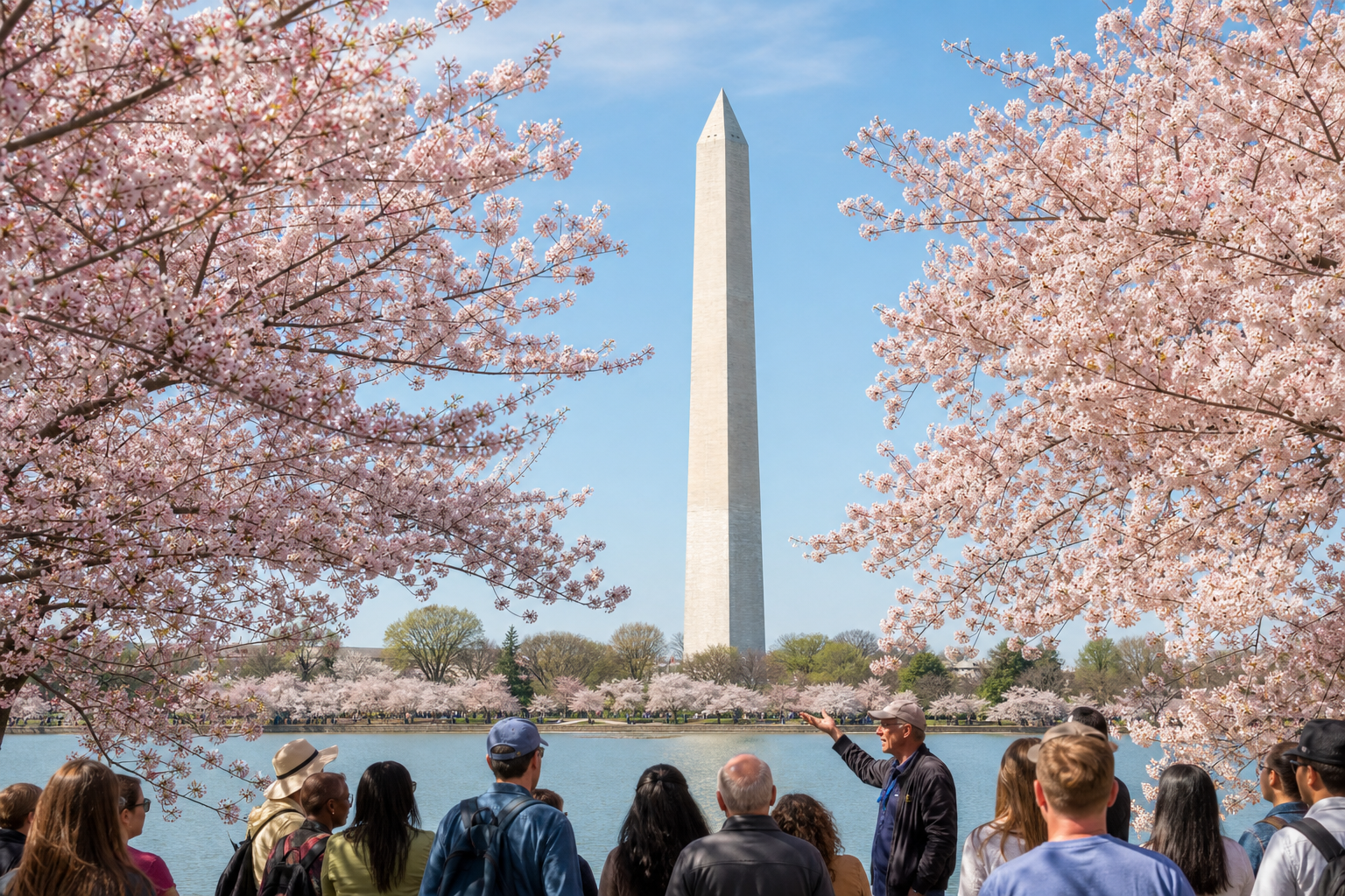 Washington Monument framed by spring cherry blossoms